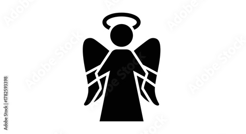 Silhouette of an angel with wings and a halo above its head, isolated on white.