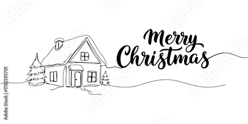 Continuous one line snow covered house with "Merry Christmas" written in handwritten style, hand drawn vector illustration. Perfect for greeting cards or posters.