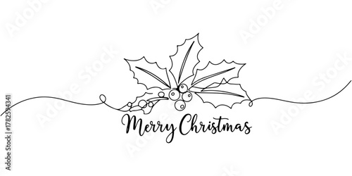 Continuous one line holly leaves, berries, and the words "Merry Christmas" written in handwritten style, hand drawn vector illustration. Perfect for greeting cards or posters.