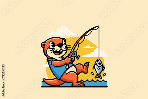 Happy Otter Fishing with a Caught Fish on a Fishing Rod.