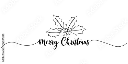Continuous one line holly leaves, berries, and the words "Merry Christmas" written in handwritten style, hand drawn vector illustration. Perfect for greeting cards or posters.