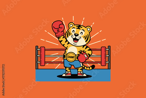 Happy Tiger Boxer Champion Celebrating Victory in Boxing Ring.