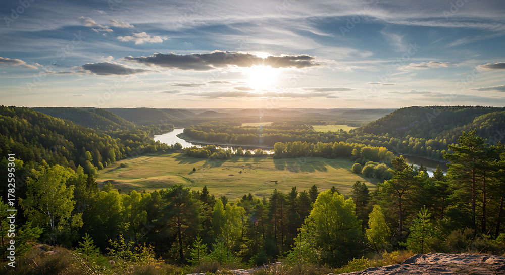 Naklejka premium Serene Landscape of River Valley at Sunset