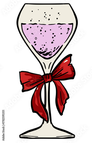 Christmas Champagne glass with a red bow, Whimsical Hand drawn Christmas coupe prosecco glass with red ribbon decoration