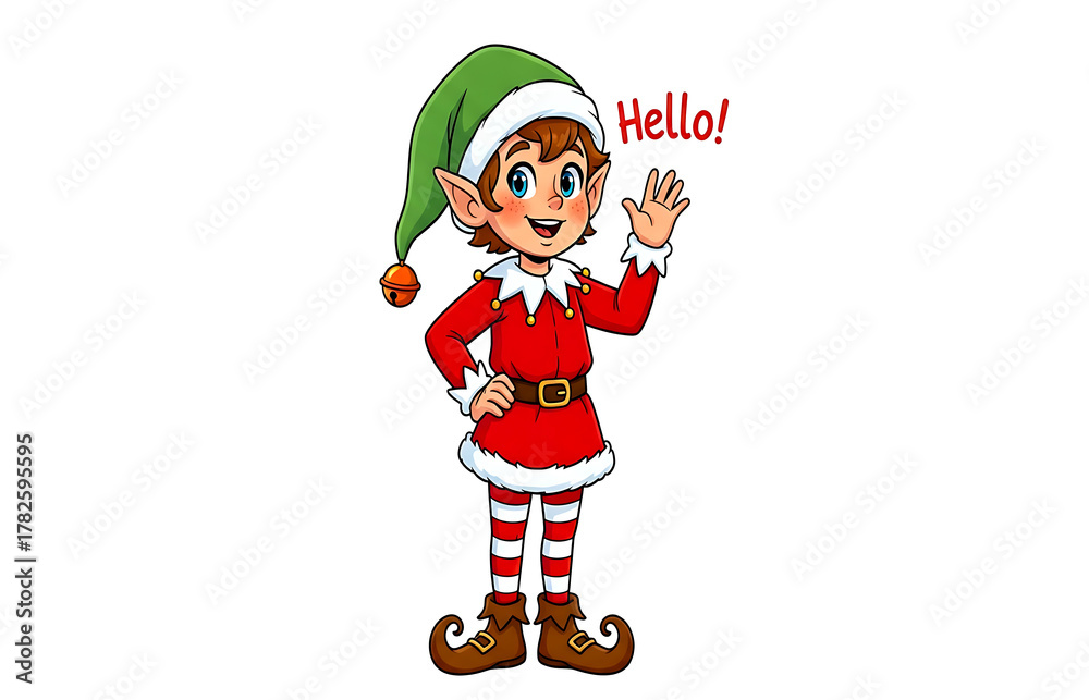 Obraz premium Cheerful Christmas Elf Waving Hello with a Festive Holiday Spirit