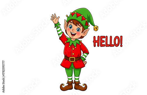 Happy Christmas Elf Waving Hello Cartoon Illustration