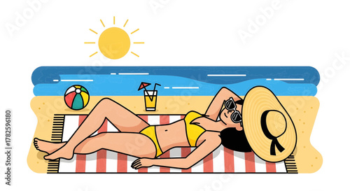 Young woman in a yellow bikini relaxing on a striped towel, sunbathing on the beach