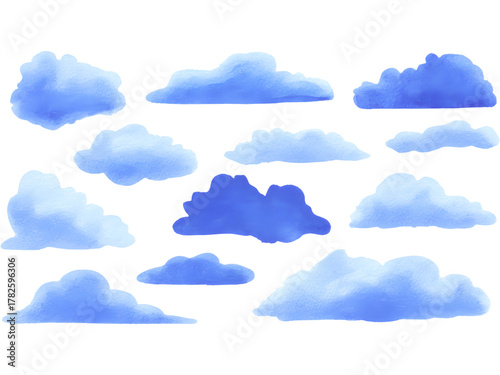 Set of watercolor blue clouds isolated on white background