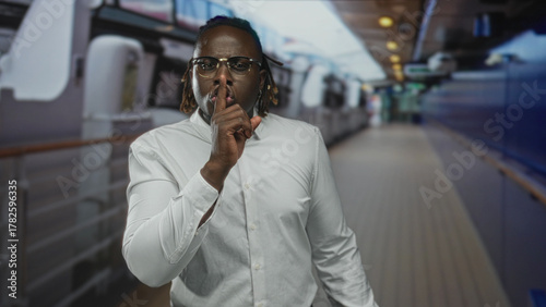 Foto Man finger to lips for silence on cruise boat deck wearing white shirt, glasses and dreadlocks; secret silence