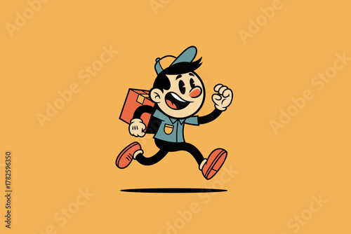 Cheerful cartoon delivery boy running with package for fast serv