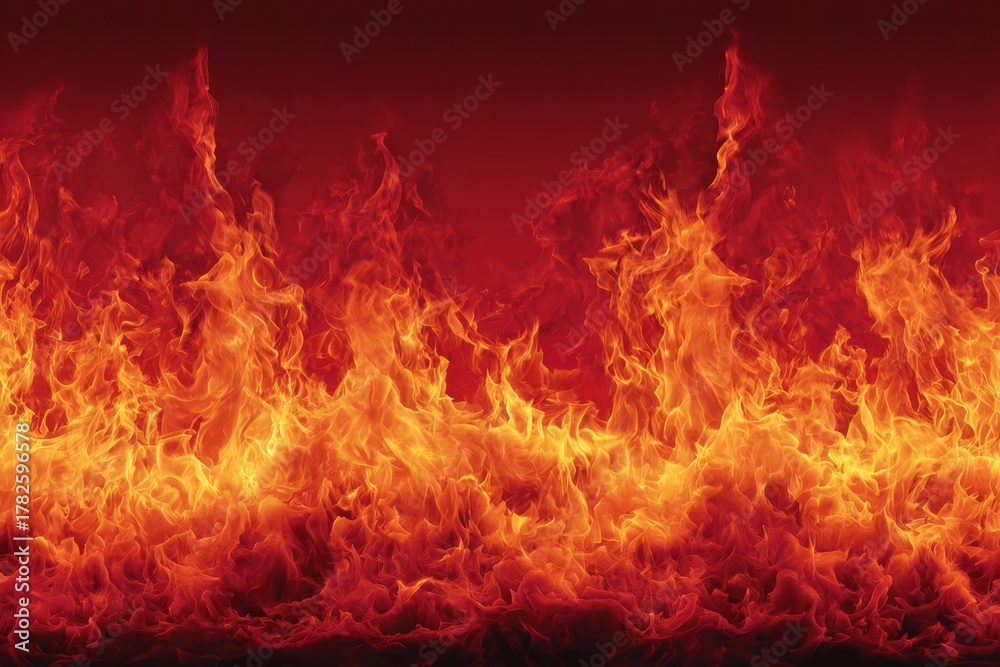 Fototapeta premium Vibrant tongues of fire dance and flicker against a bold, red-hued background in dramatic fashion
