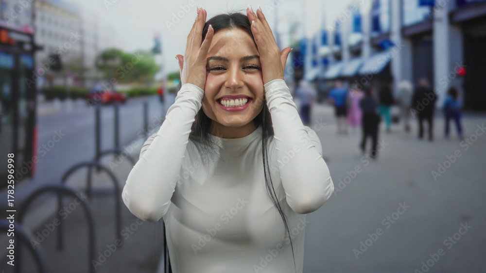 Fototapeta premium Woman smiling on city street with joyful expression showcasing vibrant urban scene and dynamic energy of outdoor lifestyle