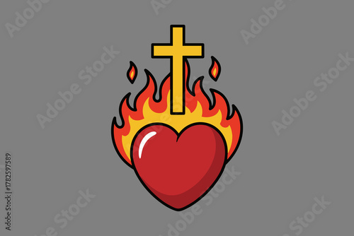 Sacred Heart with Cross and Flames Religious Symbolism.