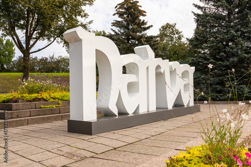 Narva city sign in public park, Estonia.