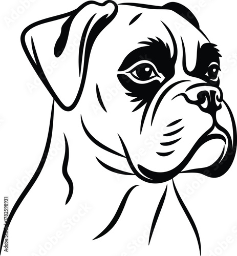 Line art portrait of a boxer dog head looking to the side