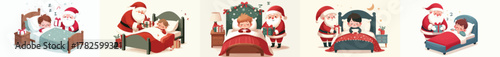 Santa Claus vector putting Christmas presents while little child is sleeping