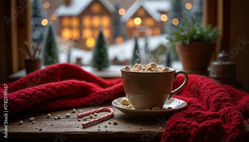 Cozy Christmas Window View with Hot Chocolate