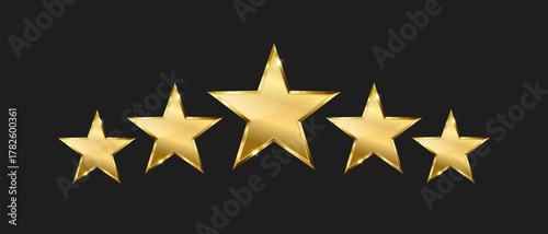 Five gold stars on dark background, Rating golden stars icons, Top quality concept, Vector illustration.