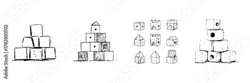 Building Blocks Line Icon Set In Doodle Style. Child Development, Creativity, And Educational Play Outline Sketch Collection. Hand Drawn Isolated Vector Illustration