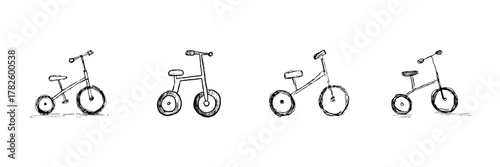 Bicycle Evolution Line Icon Set In Doodle Style. Cycling Development, Transportation Progress, And Bike Design Evolution Outline Sketch Collection. Hand Drawn Isolated Vector Illustration