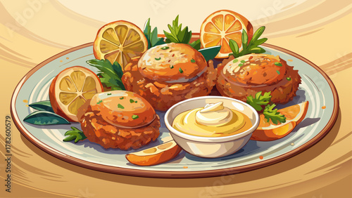 Very beautiful close-up of crispy Maryland crab cakes on a plate, served with remoulade sauce and fresh lemon slices, featuring golden texture, warm natural light, and a realistic delicious coastal me