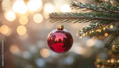 Red Christmas ornament hanging on a pine tree branch with bokeh lights.