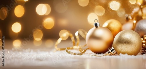 golden christmas ornaments on snow with bokeh lights, concept of retail, events, marketing, banner