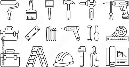 Assortment of Construction and Repair Tool Icons Keywords: tools, DIY, construction, repair