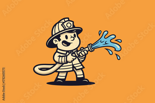Cartoon Firefighter Character with Hose Spraying Water.