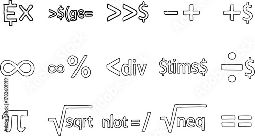 Doodle style mathematical symbols featuring pi infinity square root and various operators for educational resources or creative projects