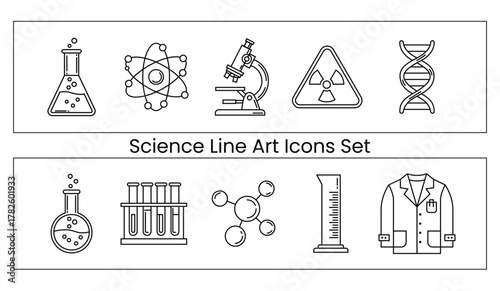 Black and White Science Line Art Icons Set