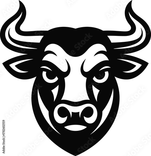 Stylized black and white illustration of a fierce bull head