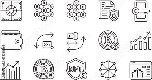 Cryptocurrency and digital asset icons with charts and security