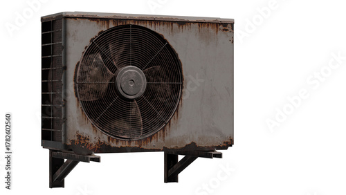 A weathered outdoor air conditioner shows heavy rust along the edges, a large circular fan grille, and sturdy mounting brackets. This industrial, aged equipment evokes heat, maintenance needs.