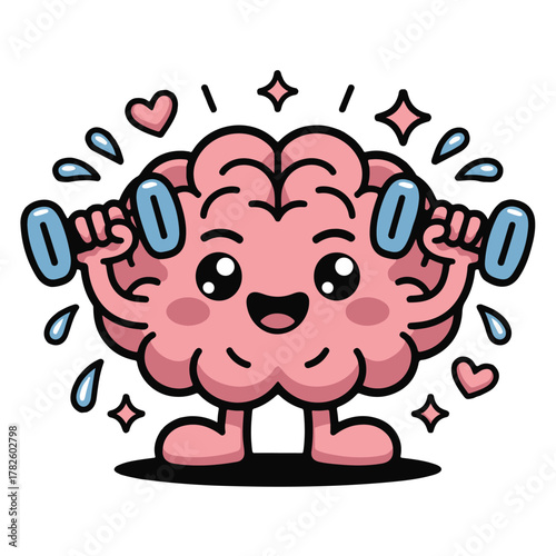 Brain cartoon character lifting dumbbells isolated on white background to improve memory and concentration