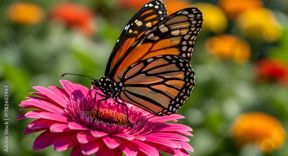 Fototapeta premium Orange and Black Butterfly on Pink Flower