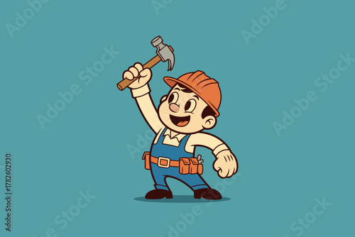 Cartoon construction worker with orange hard hat and hammer.