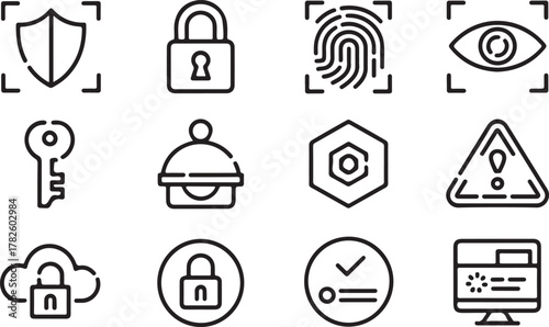 Cybersecurity and data protection icons with locks and shields