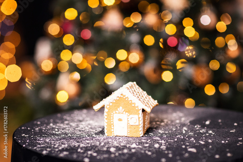 gingerbread man in a cup of cocoa with marshmallows on a Christmas background among New Year lights