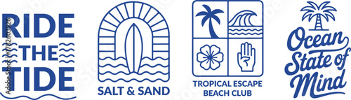 Vector graphic set with a tropical surf and sun theme illustrations. Including phrases such as "Ride the Tide", "Salt & Sand", "Tropical Escape Beach Club", and "Ocean State Of Mind". Ideal for t-shir