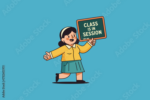 Enthusiastic female teacher holding a Class is in Session sign.