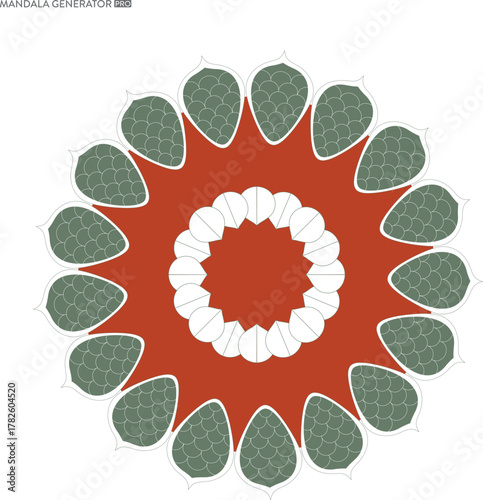 Geometric Mandala Art with Olive Green Scale Pattern and Earthy Orange Backdrop radiating symmetrical design in digital rendering for meditation or relaxation