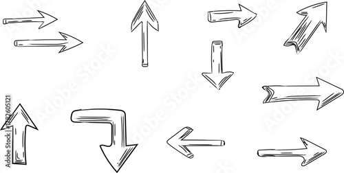 Hand drawn direction arrows in different styles conveying diverse paths and choices guidance and navigation symbols isolated on white background design elements for web and print