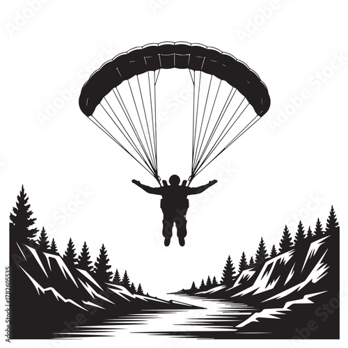 Silhouette of a skydiver with a parachute over a mountain landscape isolated on white background vector illustration