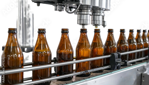 Amber glass bottles move along an automated conveyor belt being capped in a production line