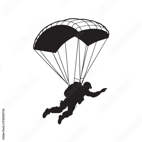 Silhouette of skydiver with parachute isolated on white background, representing extreme sport and adventure