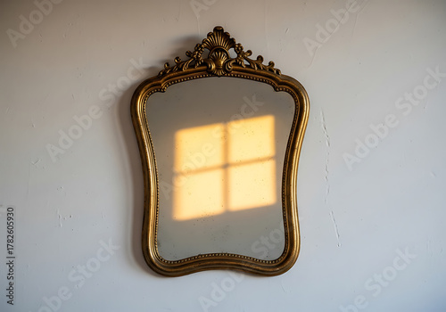 Vintage Mirror Reflecting Golden Sunlight on Wall