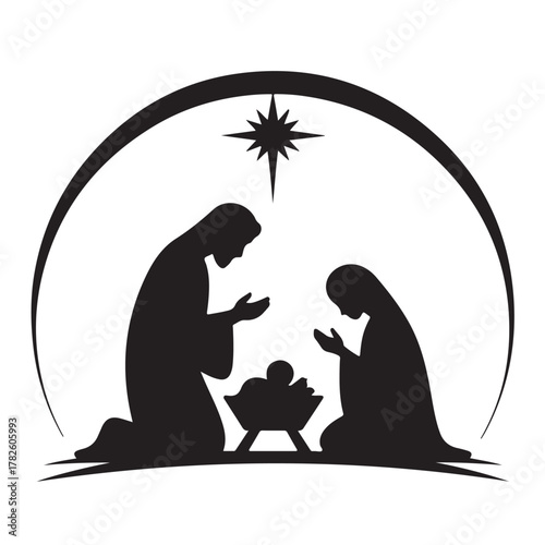 Silhouette of the nativity scene with the holy family isolated on white background for christmas celebration