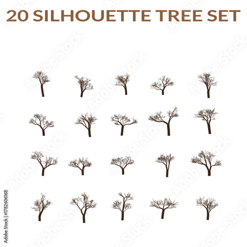 Set of twenty tree silhouettes for design elements and decorations