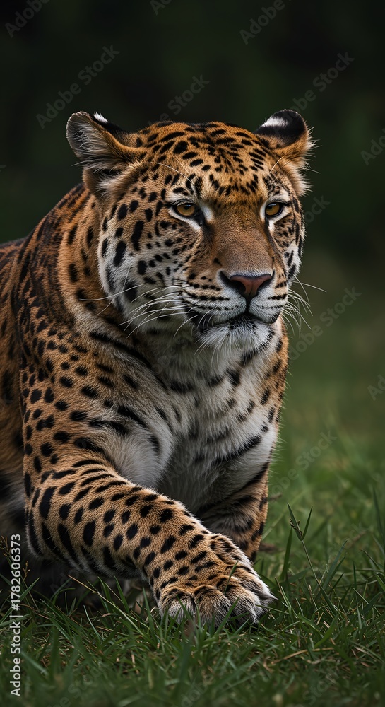 Obraz premium Alert Spotted Leopard Walking Through Green Grass Outdoor